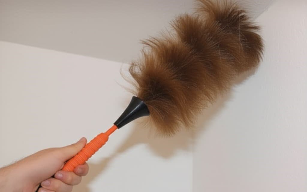 removing spider webs with a duster