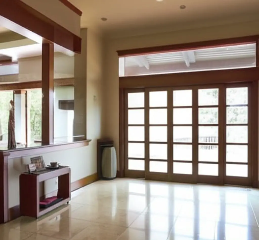 Empty entrance hall with a shiny tiled floor and wood-framed glass doors