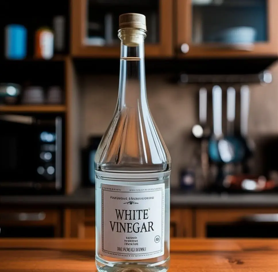 Glass bottle labelled white vinegar on a wooden kitchen counter
