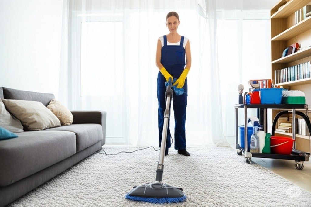 woman cleaning a room