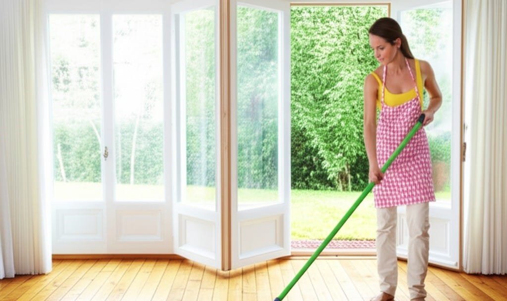 woman cleaning the house with the windows open
