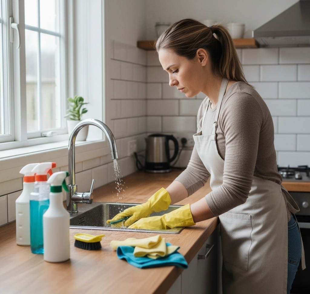 woman focusing on cleaning the kitchen