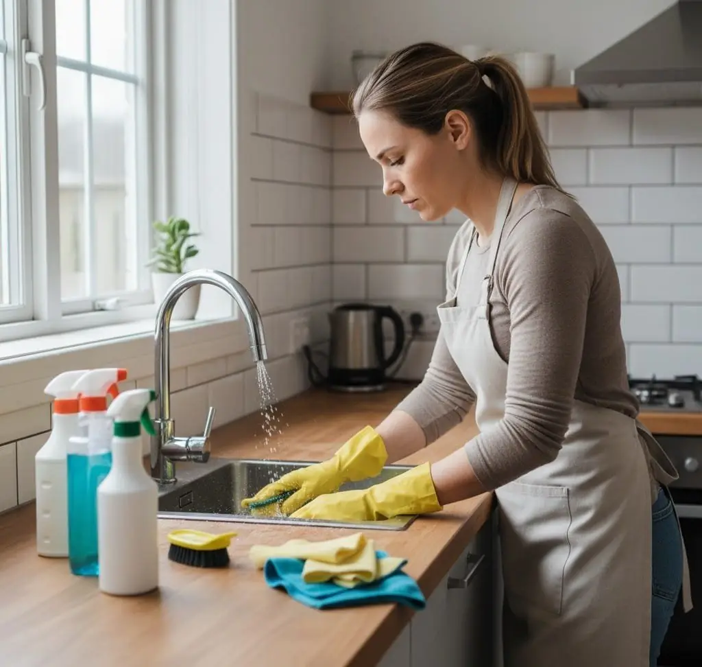 woman focusing on cleaning the kitchen