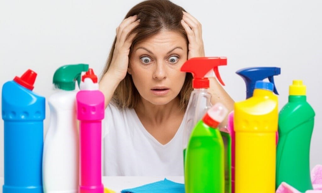 woman realizing she spent too much on cleaning products