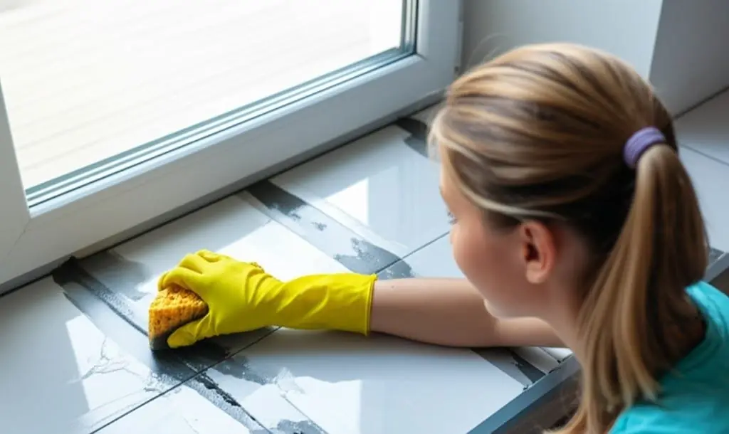 woman rinsing grout