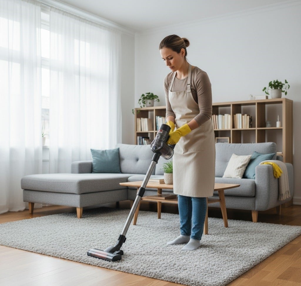 woman using a vacuum cleaner in a living area