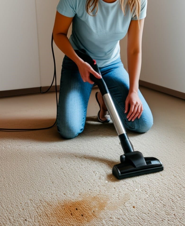 woman using vacuum cleaner on carpet