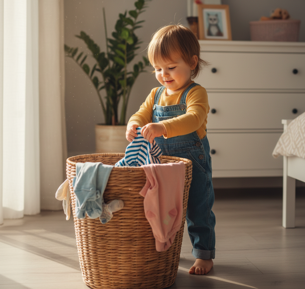2-3 year old child putting clothes in the basket