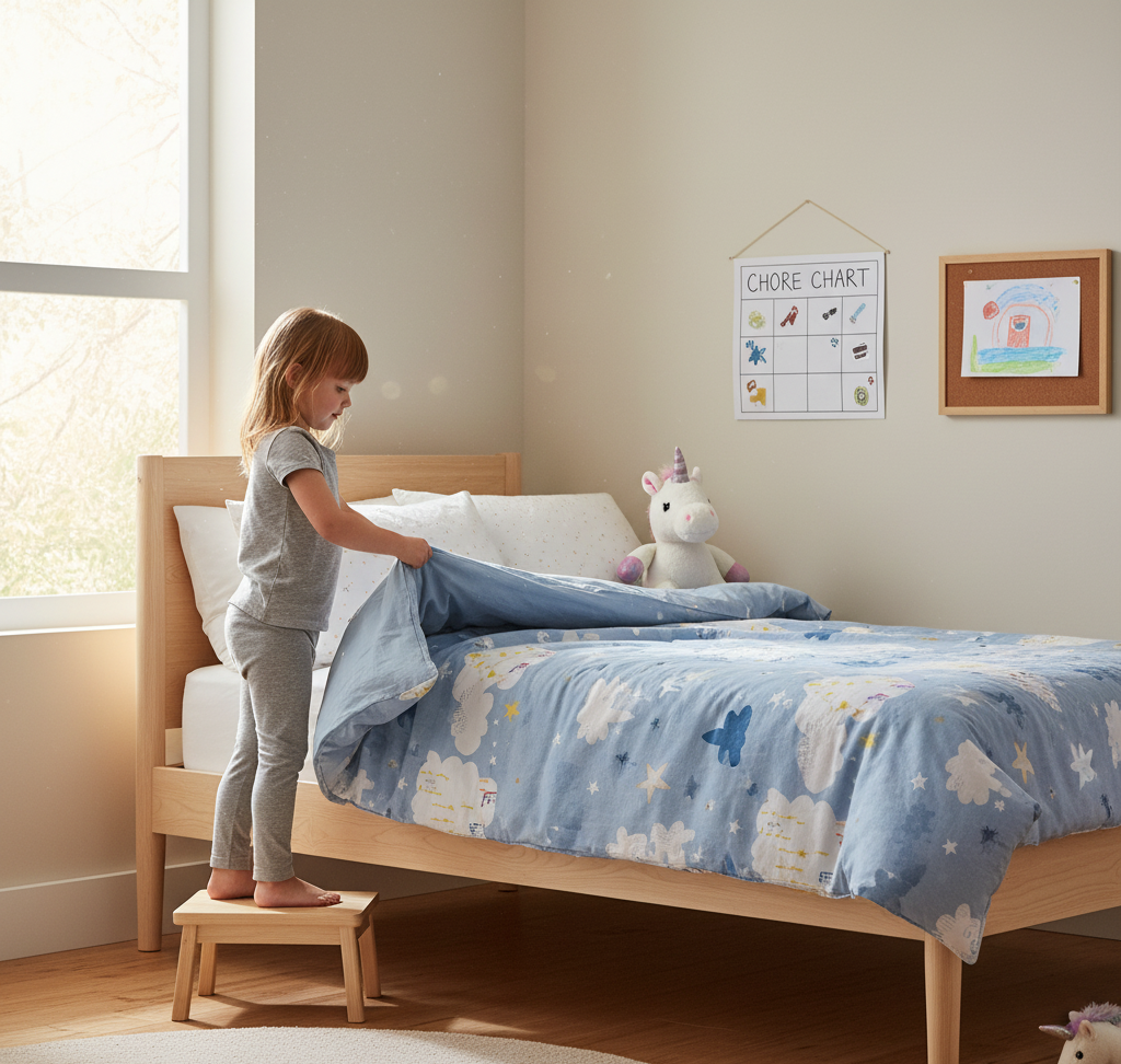 4-5 year old child making his own bed