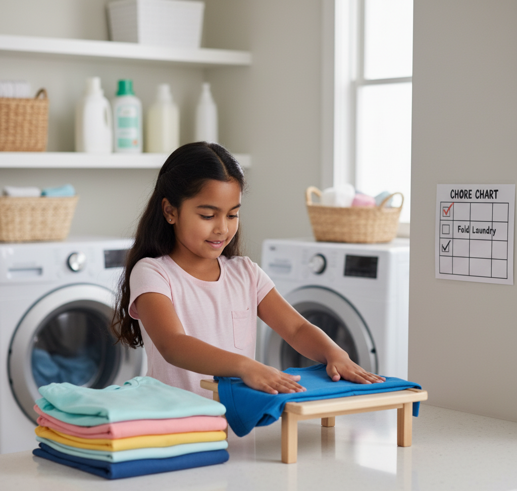 6-8 year old child folding clothes