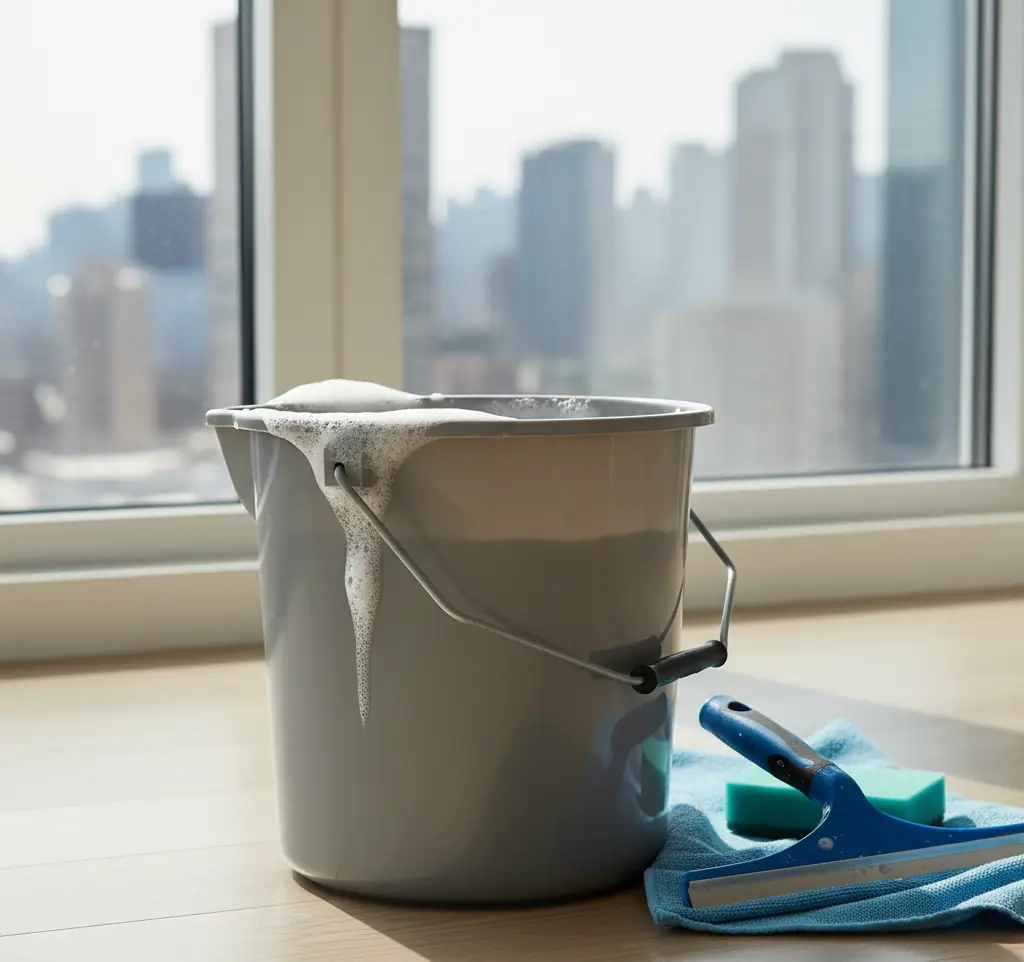 Grey bucket of soapy water with a window squeegee and blue cloth by a window