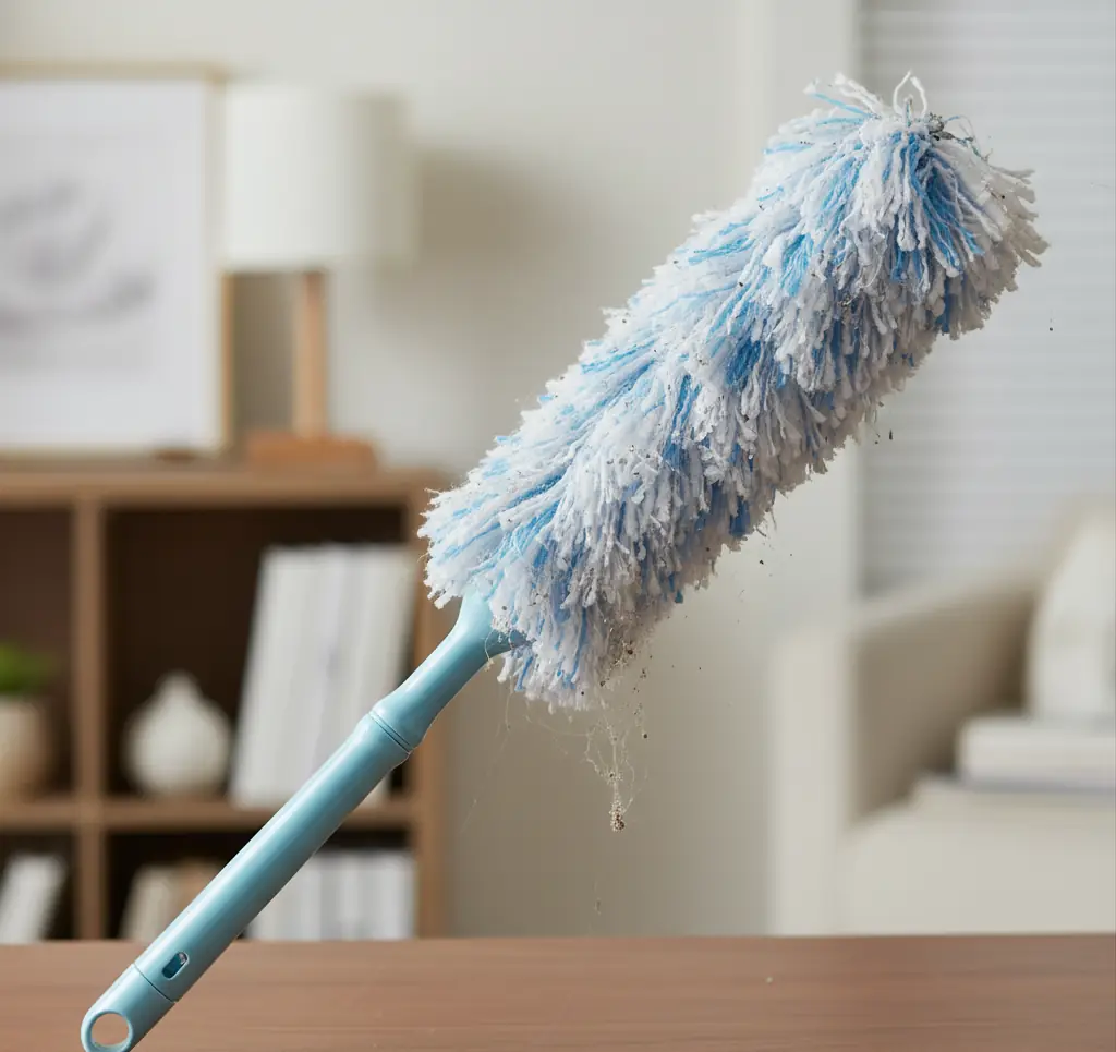Fluffy blue and white disposable duster on an extendable handle
