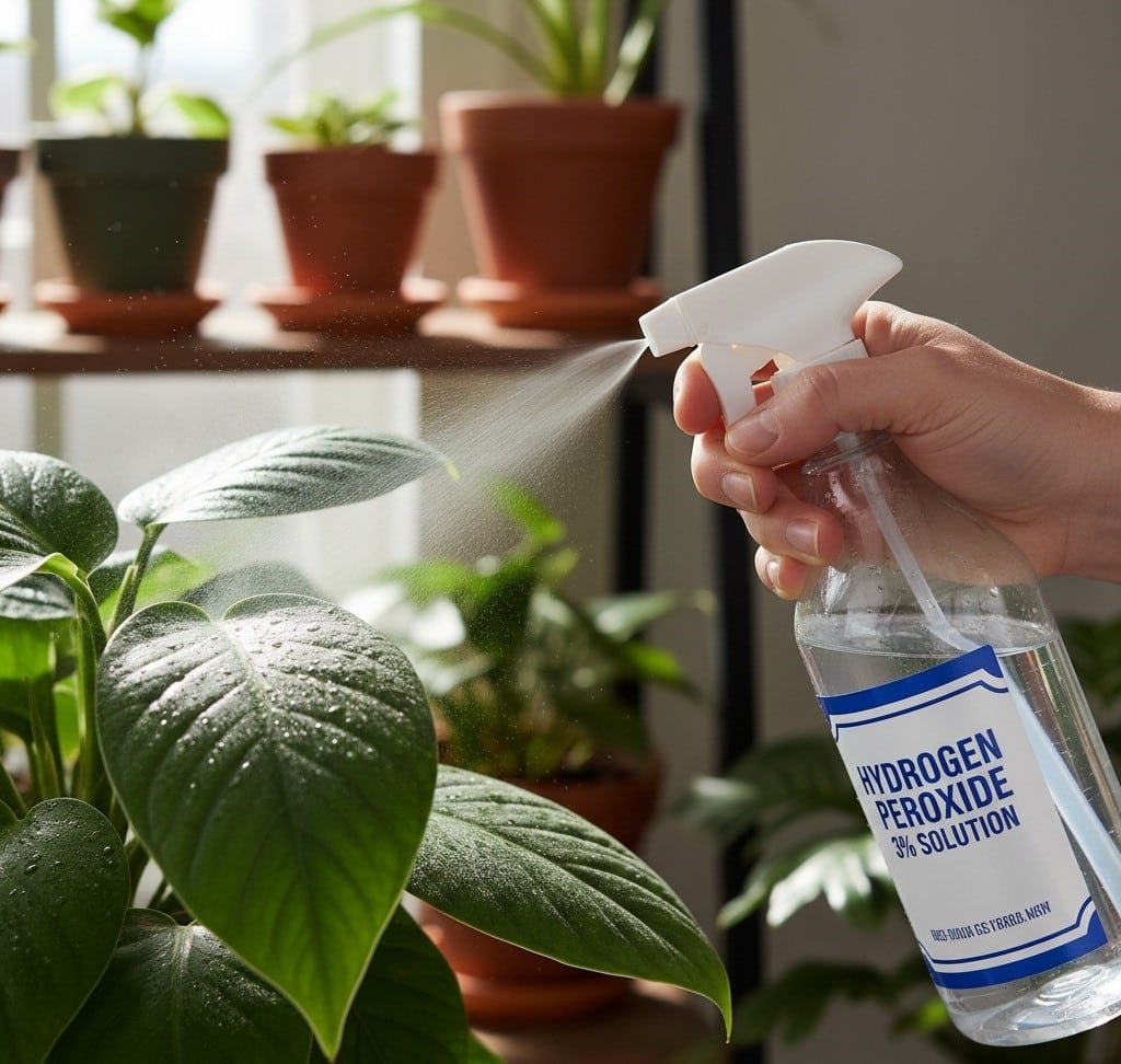 Hydrogen peroxide being used as a spray on a plant
