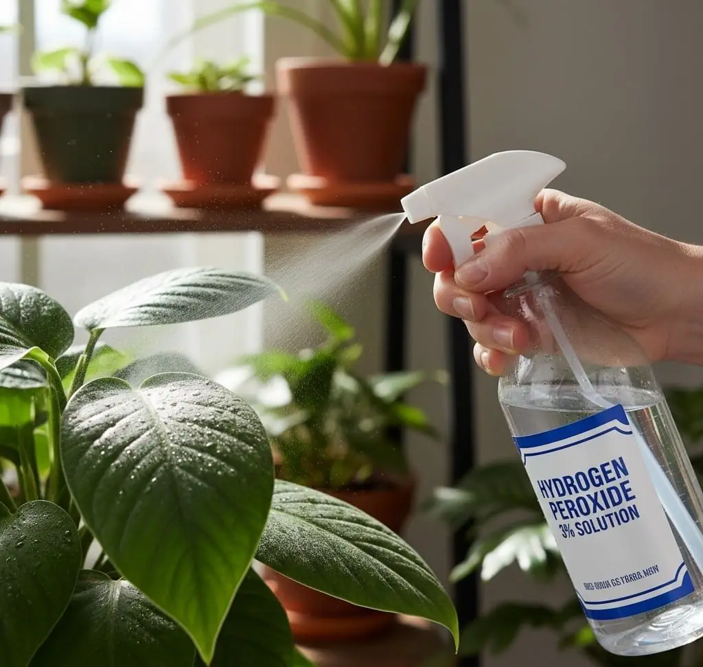 Hydrogen peroxide being used as a spray on a plant