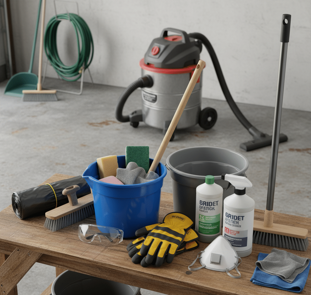 Items needed to deep clean a dirty garage