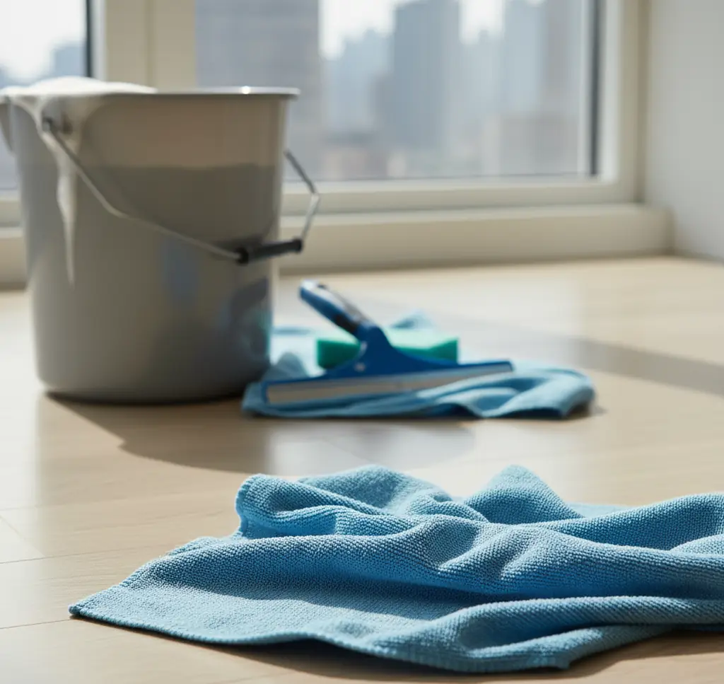 Blue microfiber cloths and a squeegee on the floor beside a bucket