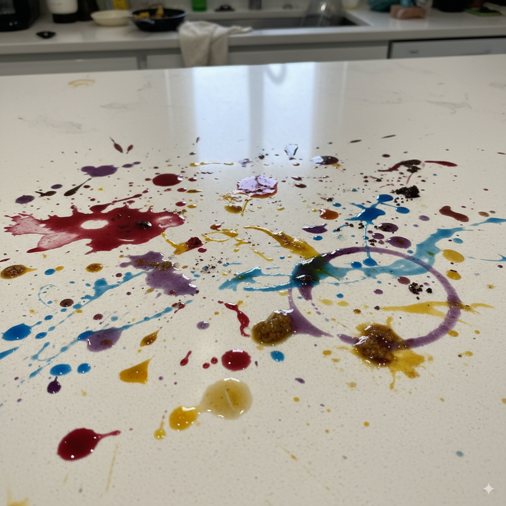 a quartz countertop with several stains
