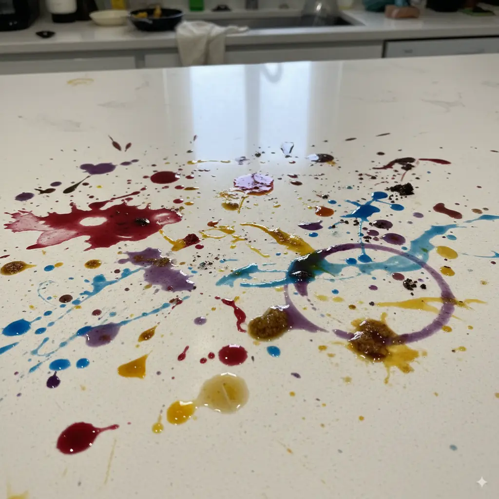 a quartz countertop with several stains