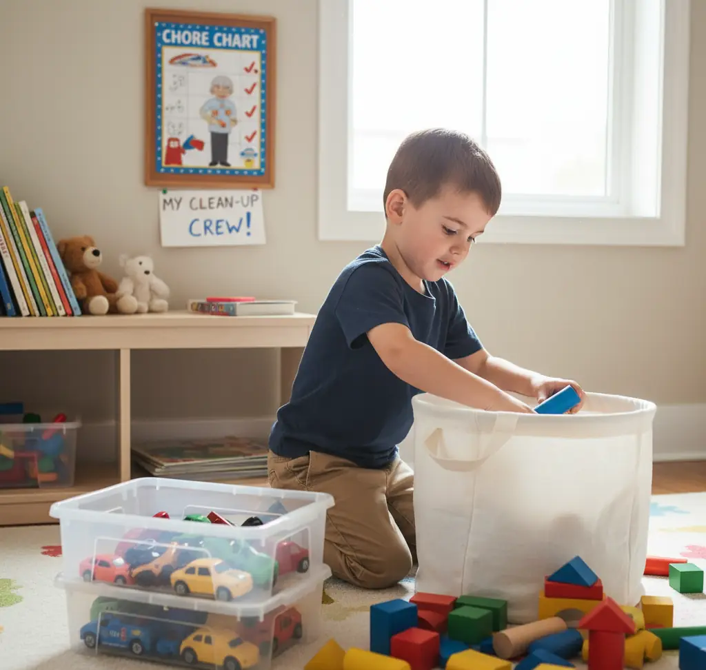 Young boy putting toys into a bin beneath a chore chart