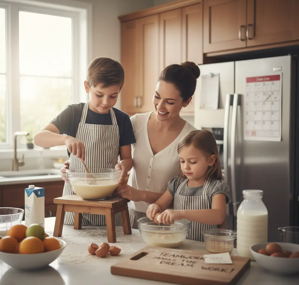 children in the kitchen helping their mother