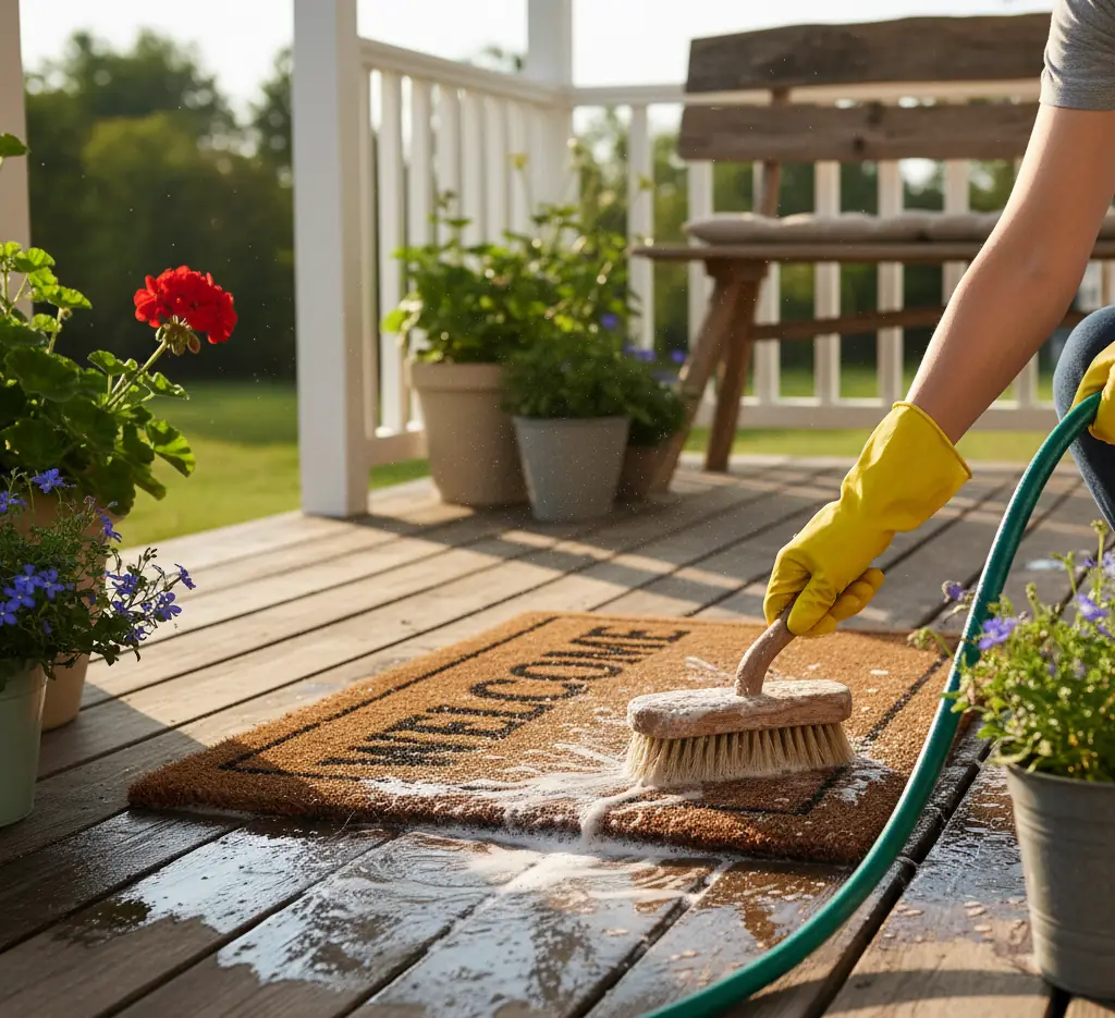 Gloved hand scrubbing a wet coir doormat with a brush on a wooden porch