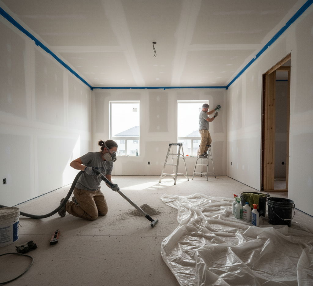 cleaning professionals in a post-construction room