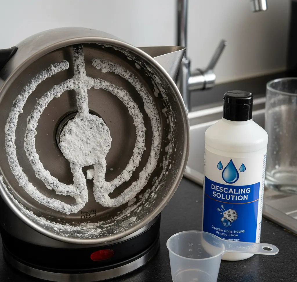 Kettle with white limescale build-up beside a bottle of descaling solution