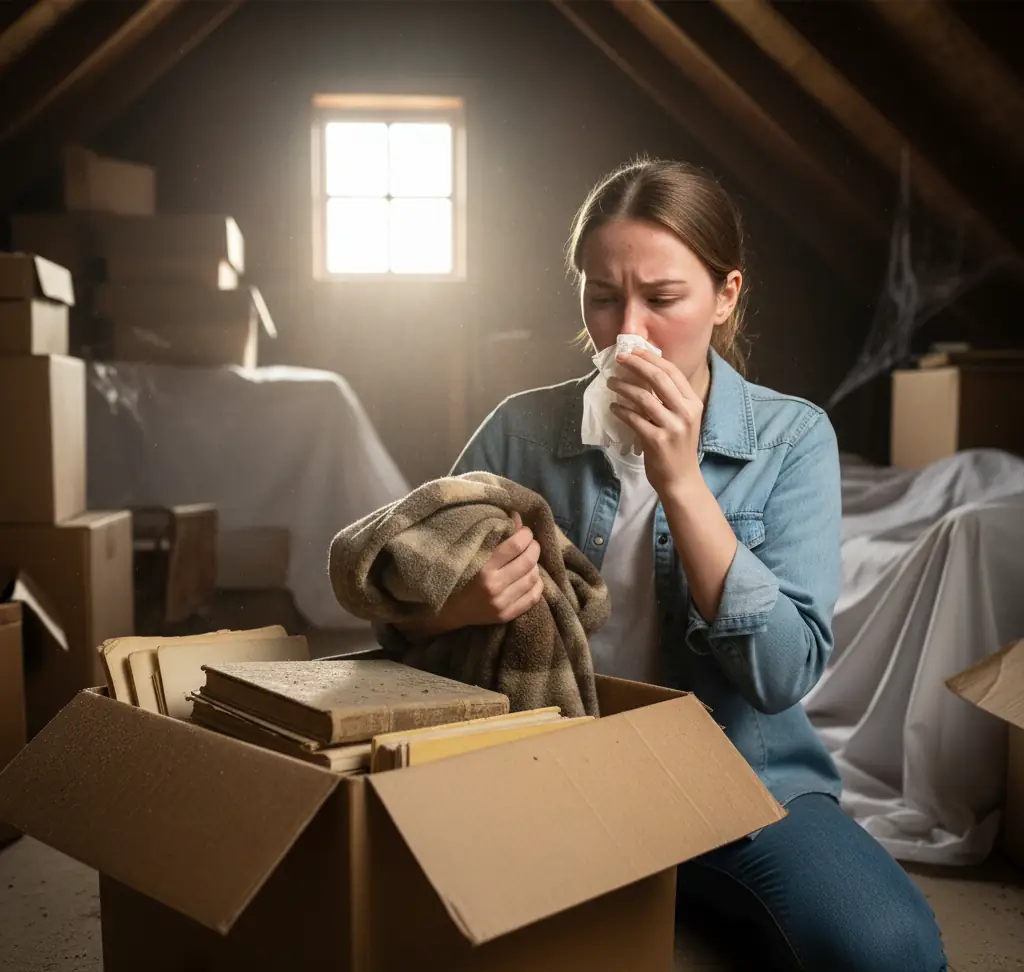 Woman sneezing into a tissue while sorting dusty boxes in an attic