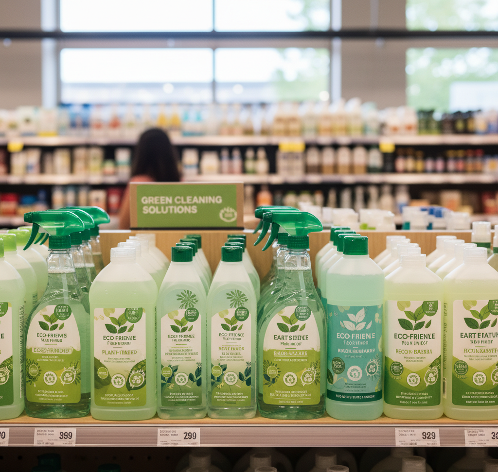 green cleaning products on a store shelf