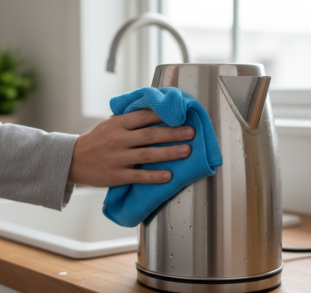hand cleaning the outside of a kettle with a microfiber cloth