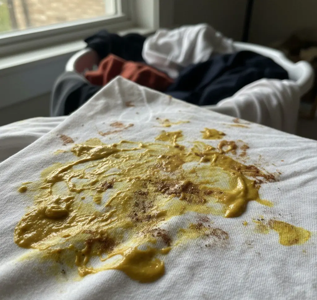 Mustard stain smeared across a white shirt beside a laundry basket