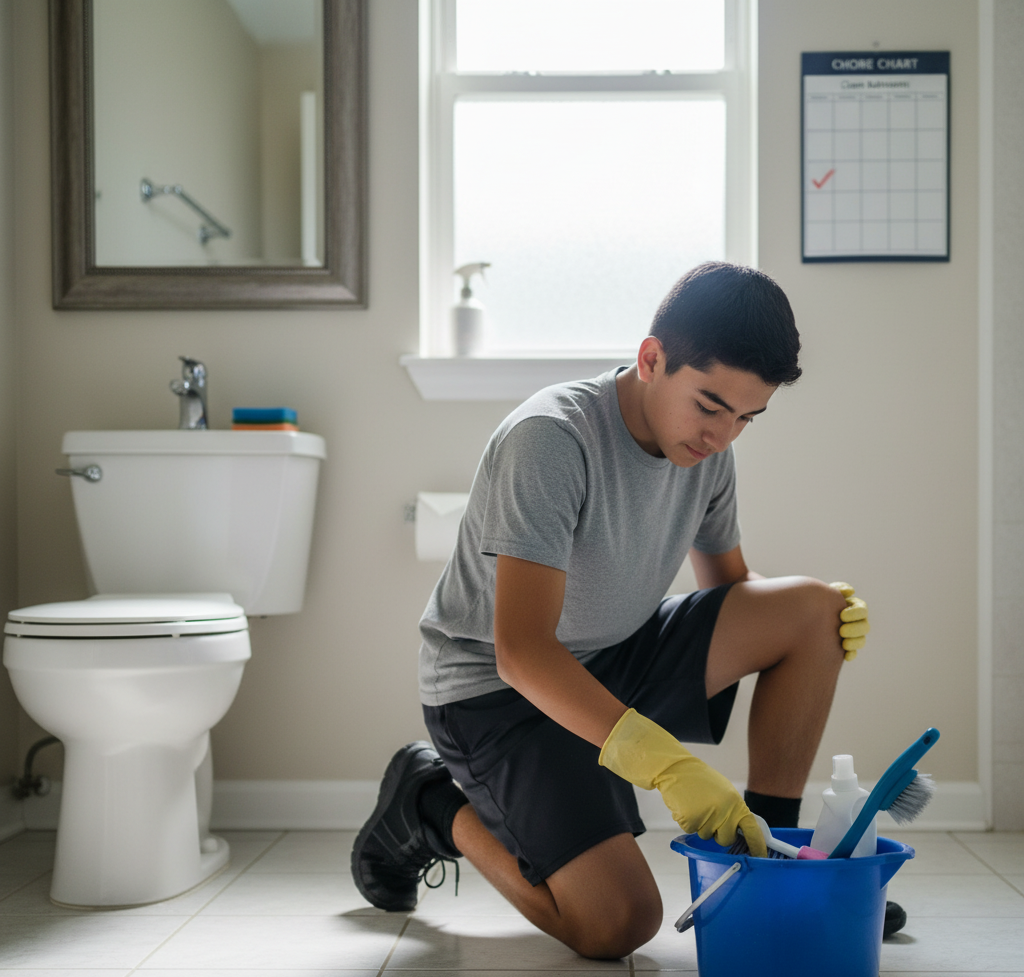 teenager cleaning his own bathroom