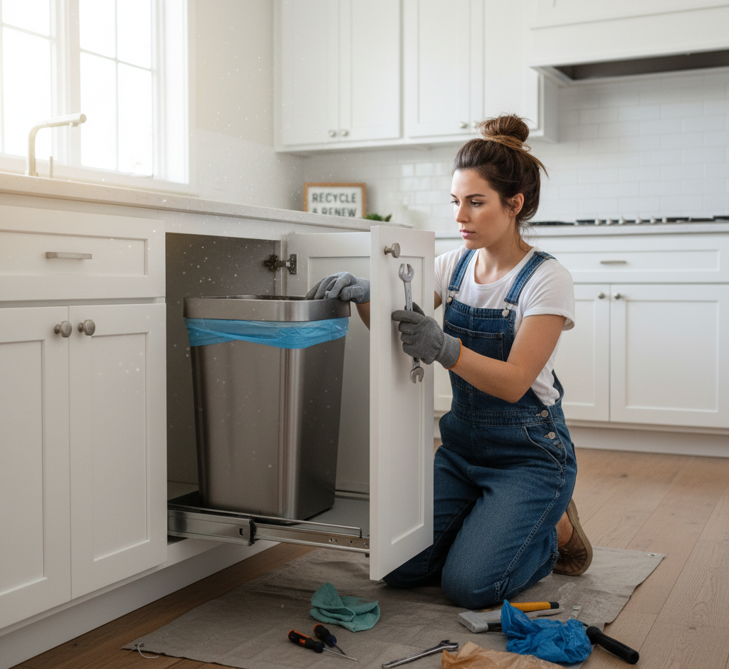 the trash can in the kitchen