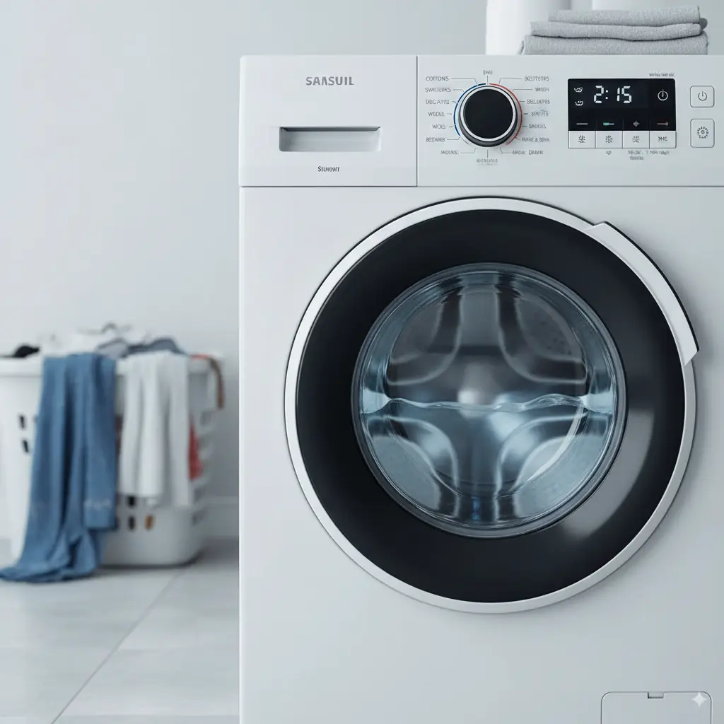 White front-loading washing machine beside a laundry basket of clothes