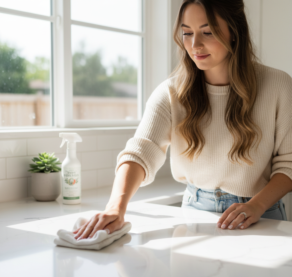 woman being gentle while cleaning a quartz countertop