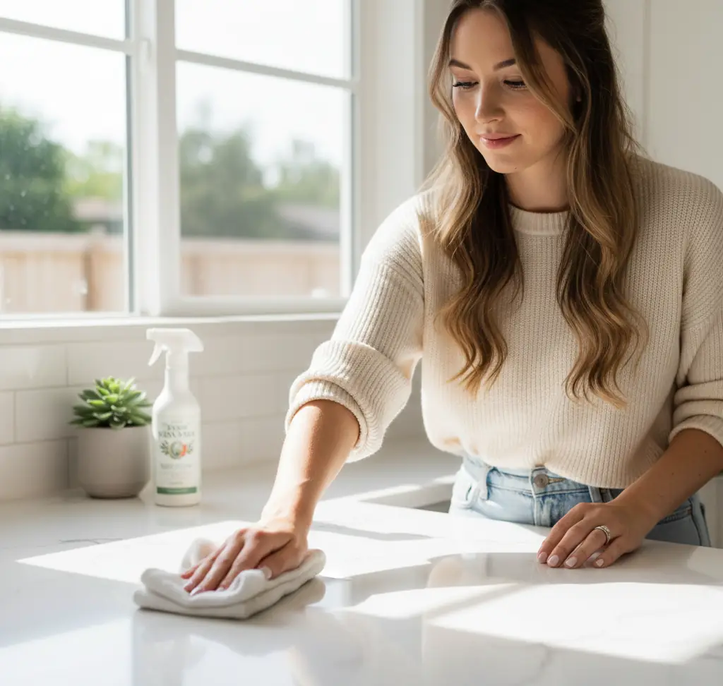 woman being gentle while cleaning a quartz countertop