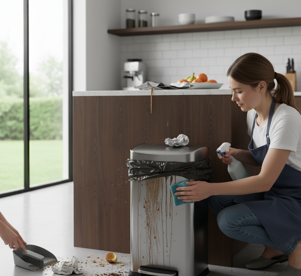 woman cleaning the trash can in the kitchen