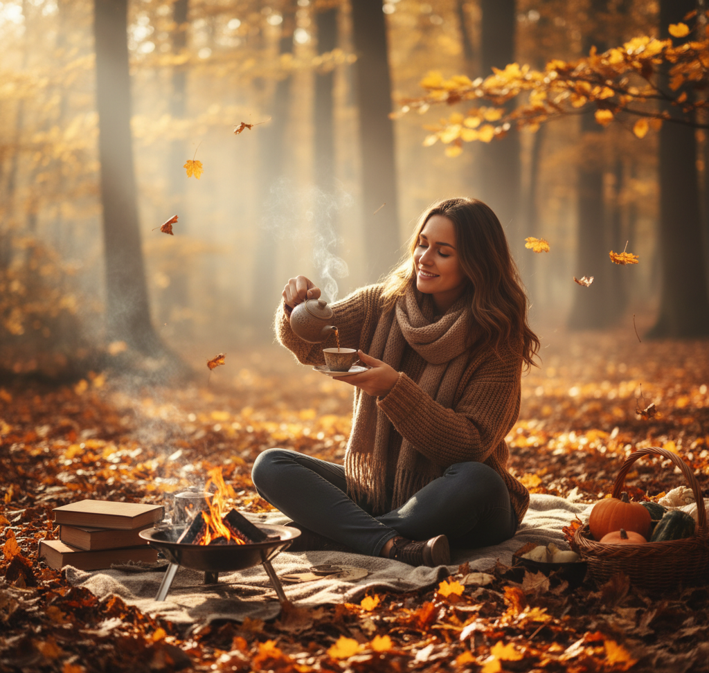woman drinking tea from a kettle in peace in autumn weather