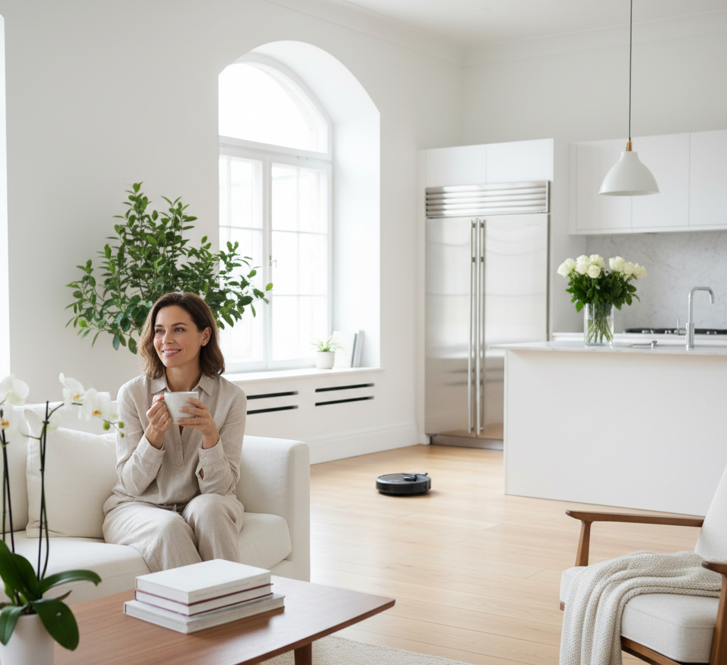 A woman enjoying quality of life in a clean home.