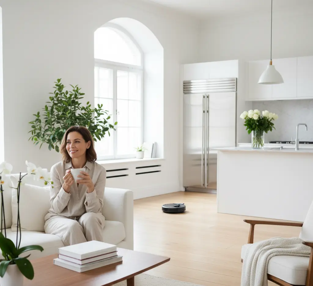 A woman enjoying quality of life in a clean home.