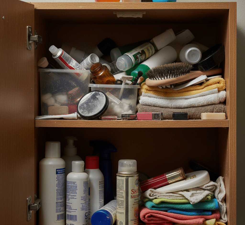 Disorganized bathroom cabinet