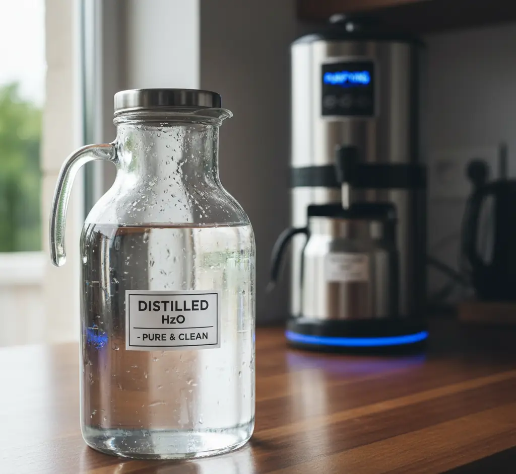 Glass jug labelled distilled water on a counter beside a coffee maker