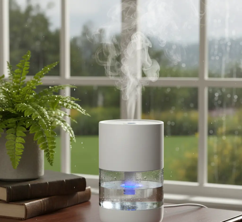 Small white humidifier releasing mist on a table by a window and a fern