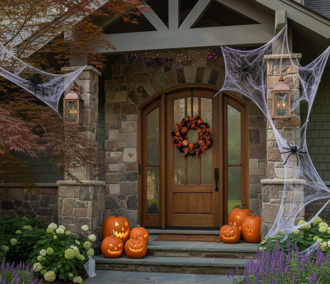 The front door with some Halloween decorations