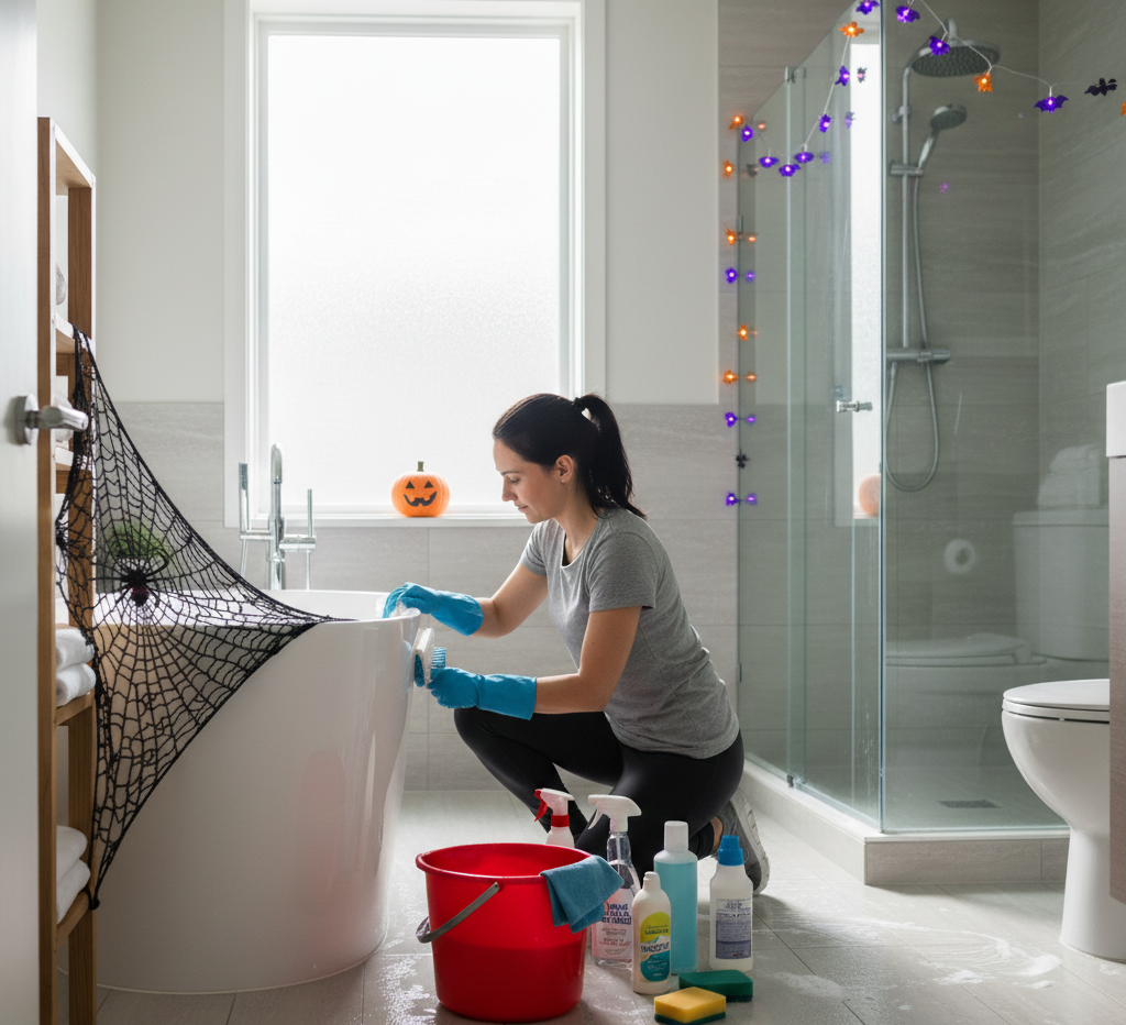 cleaning a bathroom before Halloween