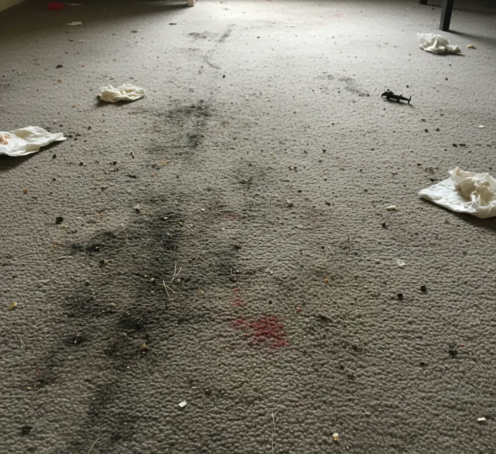 Heavily soiled grey carpet with dark stains and scattered tissues