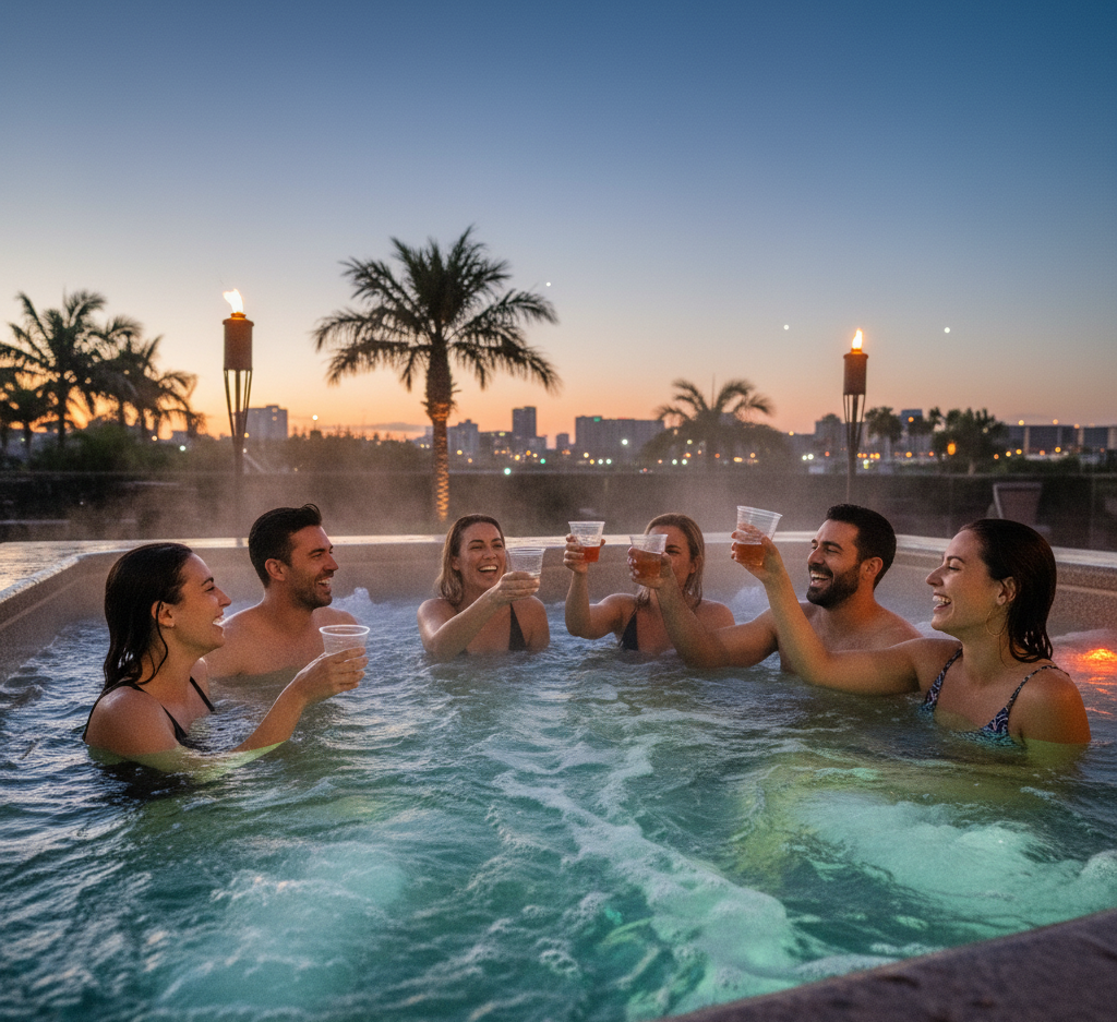 friends enjoying the hot tub