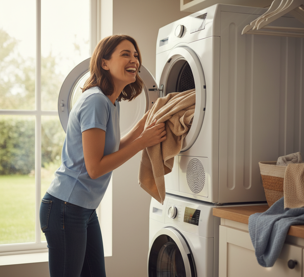 happy woman using a clothes dryer