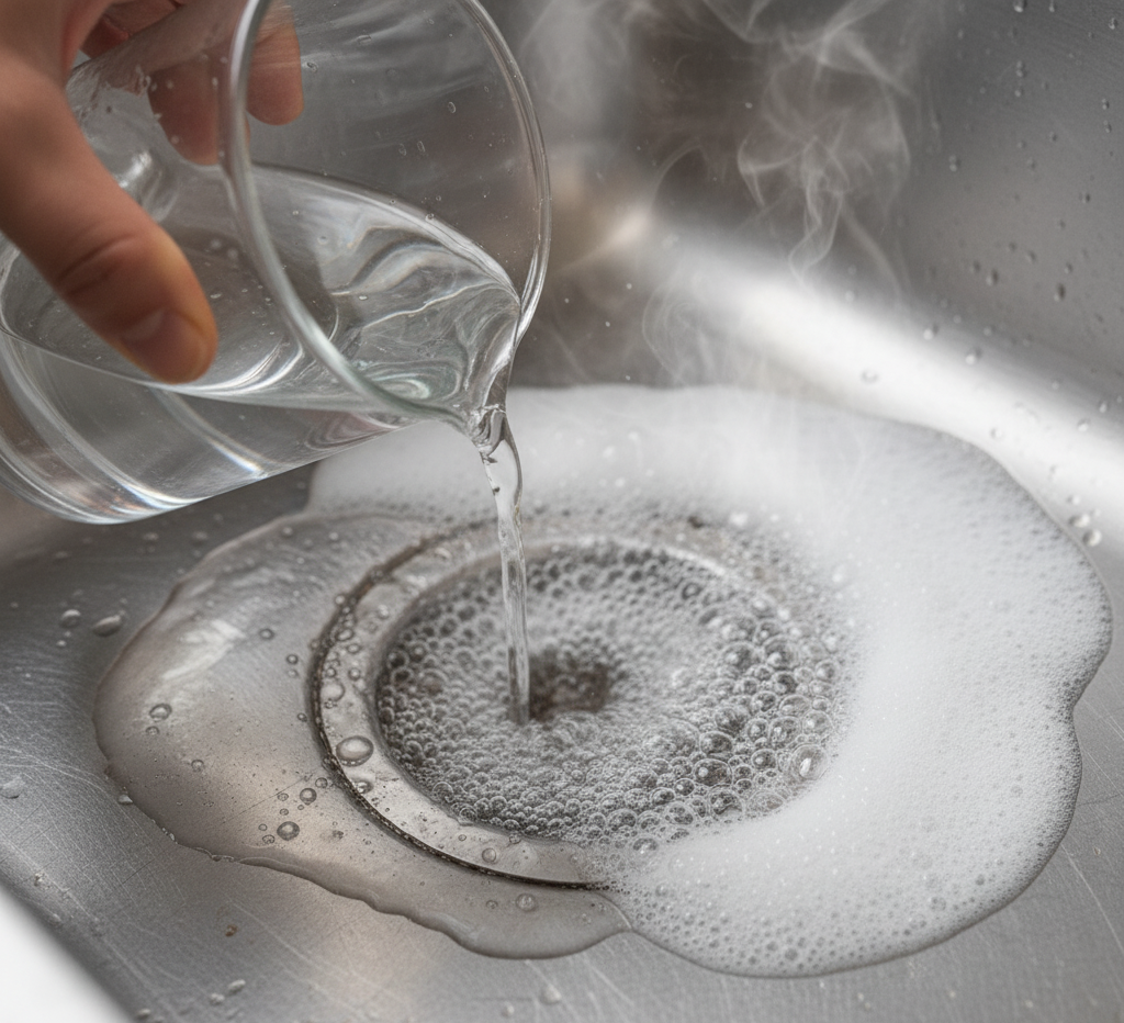 hot water, vinegar and baking soda