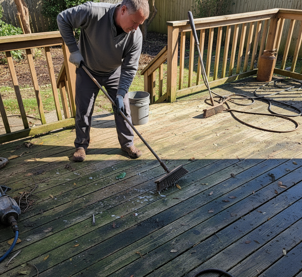 person scrubbing a deck with a broom